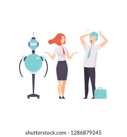 Hiring people or robots, android and man competition for a job, office worker fired from job, vector Illustration