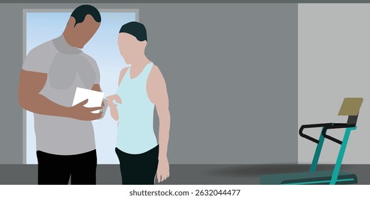 Hiring a Personal Fitness Trainer for a home fitness gym training concept, vector illustration design background