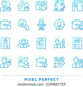 Hiring pixel perfect gradient linear vector icons set. Recruitment process. Company employee. Apply for position. Thin line contour symbol designs bundle. Isolated outline illustrations collection