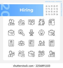 Juego de iconos lineales perfectos para píxeles de mano. Proceso de contratación. Empleado de la empresa. Solicitar posición. Carrera. Símbolos de línea delgada personalizables. Ilustraciones aisladas del contorno vectorial. Trazo editable