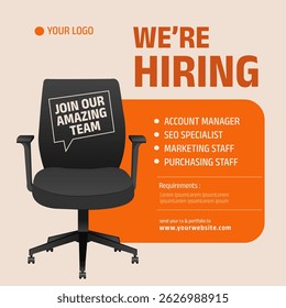Hiring post for account manager, SEO specialist, purchase staff and marketing staff. Job vacancies post template vector illustration with empty chair
