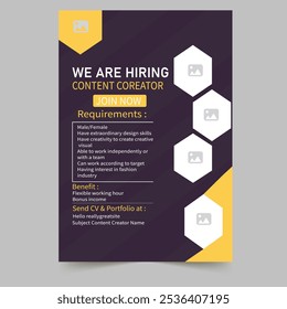 Hiring poster for a content creator position, highlighting job requirements, benefits, and application details. Ideal for creative industry recruitment.