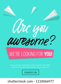 Hiring poster design concept with pink and blue colors and lettering inscription "are you awesome" Business hiring and recruiting template. Vector illustration.