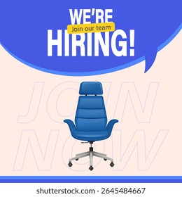 Hiring poster featuring a blue office chair under a blue speech bubble with “WE’RE HIRING!” text and a yellow “Join our team” banner on a beige background. Perfect for job openings, recruitment ad