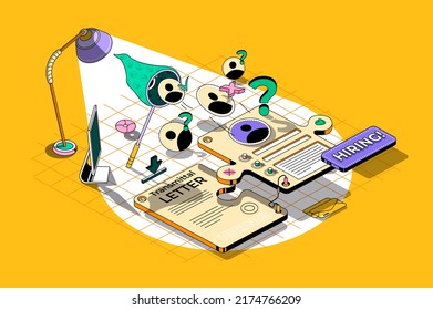 Hiring process concept 3d isometric outline web design. Human resources, search for candidates for vacancies, selection of best resume. Vector web illustration with abstract line people composition