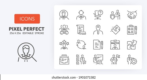 Hiring process, human resources concepts. Thin line icon set. Outline symbol collection. Editable vector stroke. 256x256 Pixel Perfect scalable to 128px, 64px...