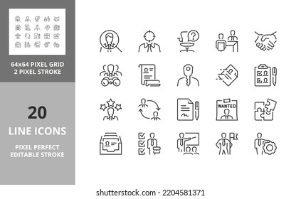 Hiring Process, Human Resources Concepts. Thin Line Icon Set. Outline Symbol Collection. Editable Vector Stroke. 64 And 256 Pixel Perfect Scalable To 128px