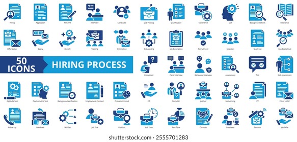 Hiring process icon collection set. Containing application, resume, interview, candidate, job posting, qualification, experience icon. Simple flat vector.