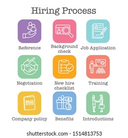 Hiring Process Icon Set W Benefits, Background Check, Introductions, Etc