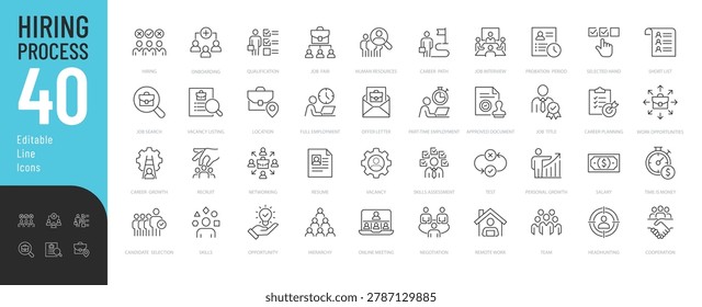
Hiring Process Line Editable Icons set. Vector illustration in a modern thin line style of business related icons: job fair, human resources, career path, and more. Isolated on transparent background.
