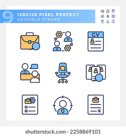 Hiring process organization pixel perfect RGB color icons set. Application. Job interview. Employment contract. Isolated vector illustrations. Simple filled line drawings collection. Editable stroke