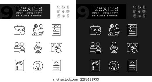 Ajuste de iconos lineales perfectos para la organización del proceso de contratación para el modo oscuro y claro. Aplicación. Entrevista laboral. Empleo. Símbolos delgados para la noche, tema del día. Ilustraciones aisladas. Trazo editable