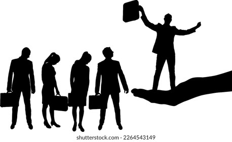 Hiring process. A sad crowd of potential candidates and the hand of the boss who chose a man for this position. Business concept. Vector Silhouette