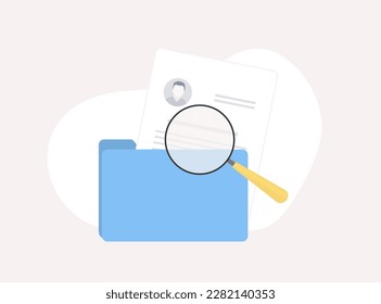 Hiring process vector icon. Recruitment pros concept with blue computer folder and magnifying glass zooms in on document with employees resume. Recruitment branding vector illustration on background