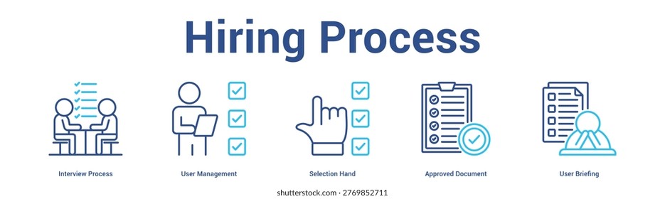 Hiring Process web banner icon set vector illustration concept for business with icon of Interview Process, User Management, Selection Hand, Approved Docume.
