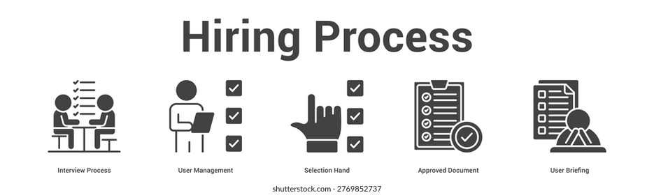 Hiring Process web banner icon set vector illustration concept for business with icon of Interview Process, User Management, Selection Hand, Approved Docume.