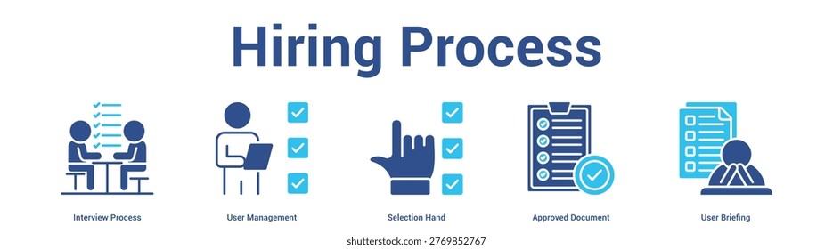 Hiring Process web banner icon set vector illustration concept for business with icon of Interview Process, User Management, Selection Hand, Approved Docume.