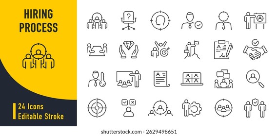 Hiring Process web icons in line style. Human resources, training, work, job, candidates, collection. Vector illustration.