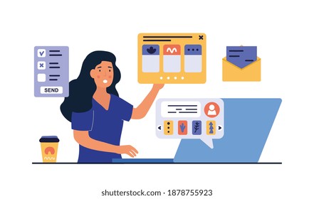 Hiring professionals abstract concept. Computer work, text typing, posting. Cartoon flat vector illustration isolated on white background