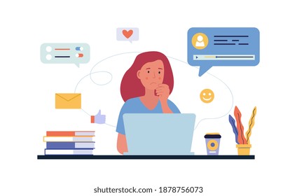 Hiring professionals abstract concept. Sad girl working on laptop computer. Computer work, text typing, posting. Cartoon flat vector illustration isolated on white background