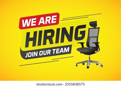 Hiring recruHiring recruitment design for banner poster. We are hiring join our now lettering with chair icon logo sign Vector illustration typographic. Open vacancy template

