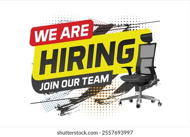 Hiring recruHiring recruitment design for banner poster. We are hiring join our now lettering with chair icon logo sign Vector illustration typographic. Open vacancy template

