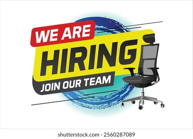 Hiring recruHiring recruitment design for banner poster. We are hiring join our now lettering with chair icon logo sign Vector illustration typographic. Open vacancy template

