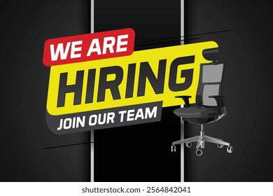 Hiring recruHiring recruitment design for banner poster. We are hiring join our now lettering with chair icon logo sign Vector illustration typographic. Open vacancy template

