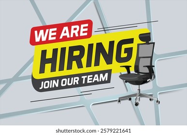 Hiring recruHiring recruitment design for banner poster. We are hiring join our now lettering with chair icon logo sign Vector illustration typographic. Open vacancy template

