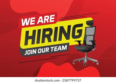 Hiring recruHiring recruitment design for banner poster. We are hiring join our now lettering with chair icon logo sign Vector illustration typographic. Open vacancy template

