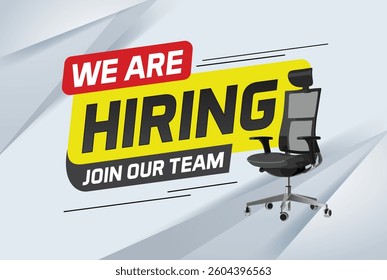 Hiring recruHiring recruitment design for banner poster. We are hiring join our now lettering with chair icon logo sign Vector illustration typographic. Open vacancy template

