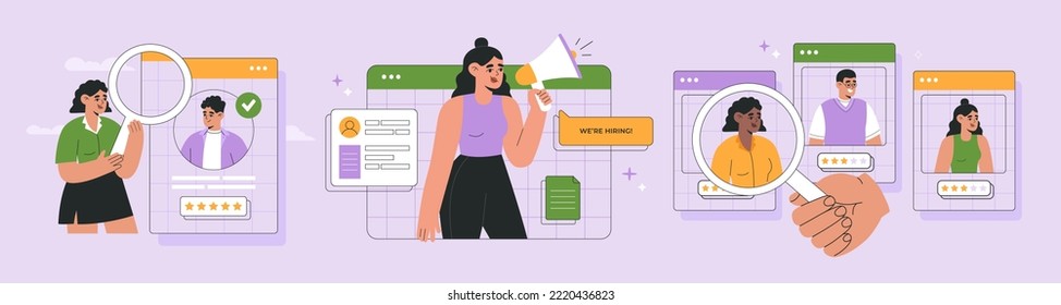 Hiring, recruiting agency vector illustration set. Hr managers team work with human resources, select candidates for job vacancy, analyze CV, resume. Hand drawn, modern flat cartoon style.