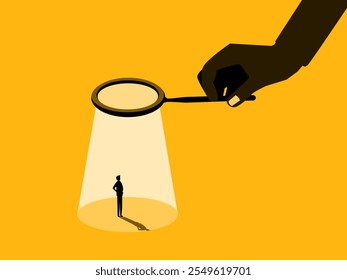 Hiring and Recruiting. Big Hands with Magnifying Glass Recruiting People. vector
