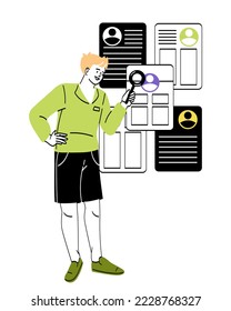Hiring and recruiting concept. Young male HR manager with magnifying glass analyzes resumes of different candidates for position. Selection of employee for vacancy. Cartoon flat vector illustration