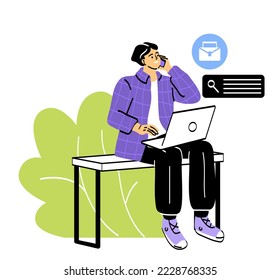 Hiring and recruiting concept. Young man with laptop sends resume to different companies and responds to vacancies. Job search and employment. Cartoon flat vector illustration in doodle style