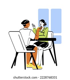 Hiring and recruiting concept. Young smiling woman HR manager communicates with potential candidate for vacancy. Employee at interview. Job search. Cartoon flat vector illustration in doodle style