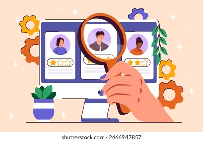 Einstellungs-, Recruiting- und Beschäftigungskonzept. Hand mit Lupe in der Nähe von Computerbildschirm mit Ranking und Bewertungen der Mitarbeiter. Flache Vektorillustration auf beigem Hintergrund