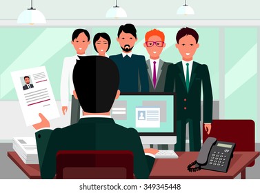 Hiring recruiting interview. Look resume applicant employer. Hands Hold CV profile choose from group of business people. HR, recruiting, we are hiring. Candidate job position. Hire and interviewer