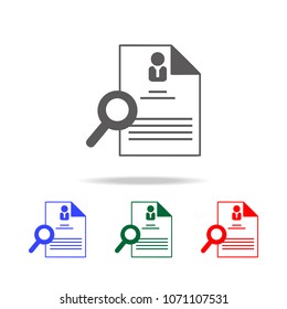 Hiring and recruiting, resume icon. Elements of human resource in multi colored icons. Business, human resource sign. Looking for talent. Search man vector icon. Job search icon on white background
