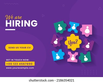 Hiring or Recruitment Advertising can be used as poster, job hiring announcement on social media, banner, flyer. Vacancies template with unsolved puzzle pieces on purple background.