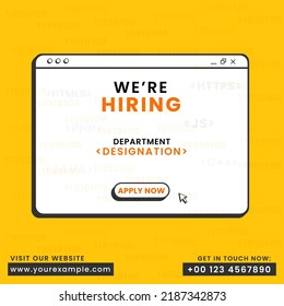 Hiring or Recruitment Advertising can be used as poster, job hiring announcement on social media, banner, flyer. Vacancies template with webscreen, flat style illutration on yellow background.