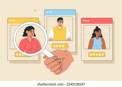 Hiring and recruitment agency, headhunting concept. Hand with magnifying glass choosing best candidate for Job. Hand drawn vector illustration isolated on background, modern flat cartoon style.