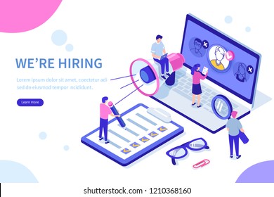 Hiring and recruitment concept with characters. Can use for web banner, infographics, hero images. Flat isometric vector illustration isolated on white background.