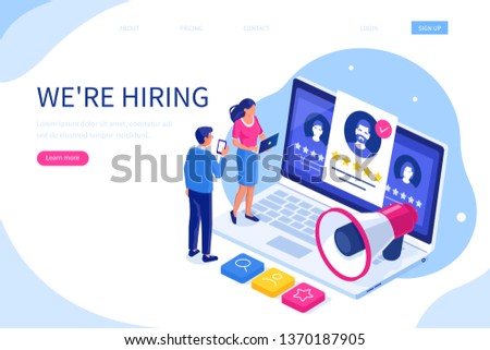 Hiring and recruitment concept with characters. Can use for web banner, infographics, hero images. Flat isometric vector illustration isolated on white background.