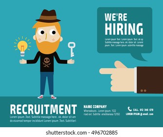 Hiring. Recruitment. Creative.
Hand pointing to professional of businessman.
flat vector illustration concept.
for presentation web banner poster printed materials.
isolated on white background
