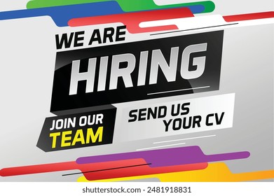 Hiring recruitment design for banner poster. We are hiring lettering with geometric shapes lines. Vector illustration typographic. Open vacancy design template

