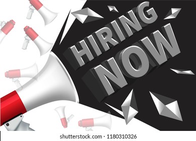 Hiring recruitment design poster. Vector illustration. Open vacancy design template. We are hiring advertising sign with megaphone
