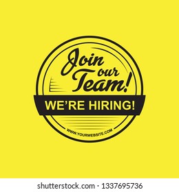 Hiring recruitment design poster. We are hiring on yellow background with circle logo badge. Vector illustration. Open vacancy design template.