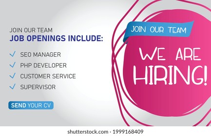 Hiring recruitment design poster. We are hiring brush lettering with geometric shapes. Vector illustration. Open vacancy design template.