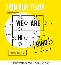 Hiring recruitment design poster. We are hiring template with puzzle. Teamwork concept linear vector illustration. Open vacancy design template in yellow, black and white colors. Join our team.